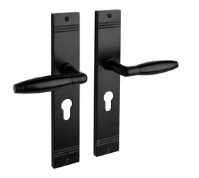 De Oude Deurklink Deurklink Retro geveerd mat zwart op schild cilindergat 55mm De Oude Deurklink Deurklink Retro geveerd mat zwart op schild cilindergat 55mm