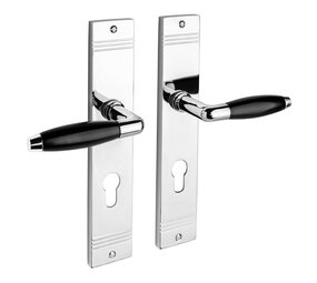 De Oude Deurklink Geveerde deurklink Retro glanzend nikkel op schild cilindergat 72mm De Oude Deurklink Geveerde deurklink Retro glanzend nikkel op schild cilindergat 72mm