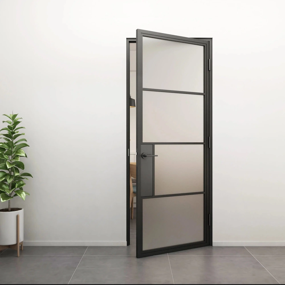 Loftdeur Stalen scharnierdeur mat glas met moderne deurklink