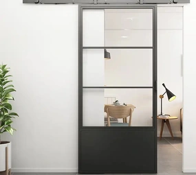 Loftdeur Stalen schuifdeur 3-vaks met kickplate helder glas Incl. schuifdeursysteem Loftdeur Stalen schuifdeur 3-vaks met kickplate helder glas Incl. schuifdeursysteem