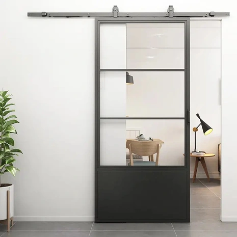 Loftdeur Stalen schuifdeur 3-vaks helder glas met kickplate incl. systeem 235x100 cm Loftdeur Stalen schuifdeur 3-vaks helder glas met kickplate incl. systeem 235x100 cm