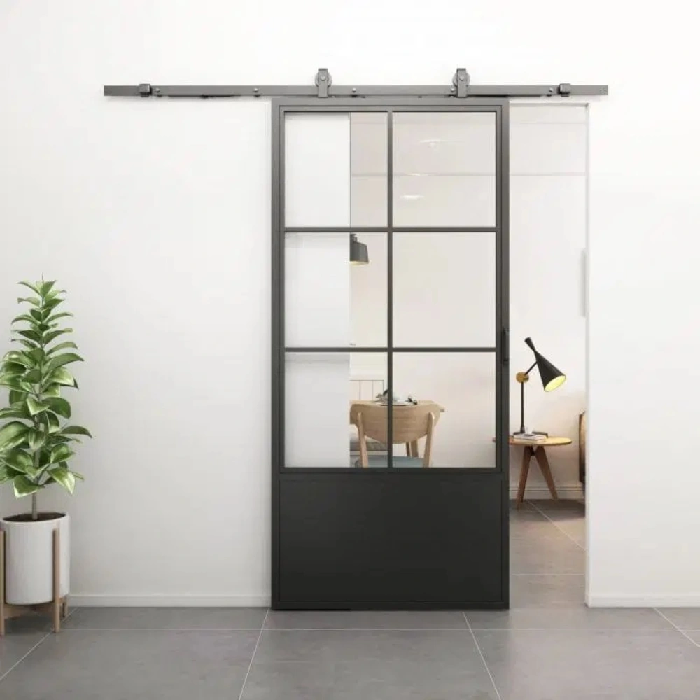 Loftdeur Stalen schuifdeur 6-vaks helder glas met kickplate incl. systeem 235x100 cm Loftdeur Stalen schuifdeur 6-vaks helder glas met kickplate incl. systeem 235x100 cm