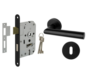 Mooi Deurbeslag Deurbeslag set met slot, sleutelrozet en deurklink Modern geveerd zwart Mooi Deurbeslag Deurbeslag set met slot, sleutelrozet en deurklink Modern geveerd zwart