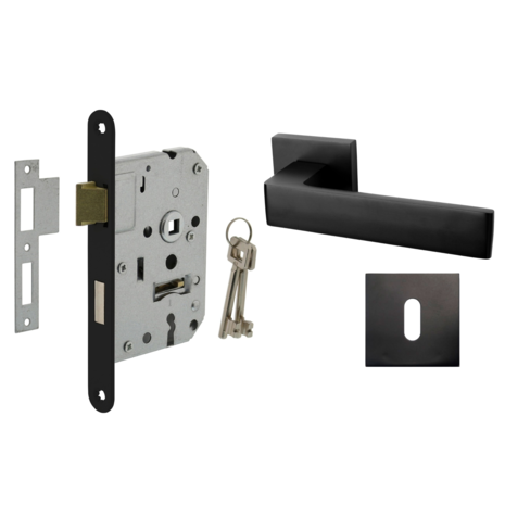 Mooi Deurbeslag Deurbeslag set met slot, sleutelrozet en deurklink Nova21 geveerd zwart Mooi Deurbeslag Deurbeslag set met slot, sleutelrozet en deurklink Nova21 geveerd zwart