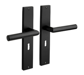 Mooi Deurbeslag Deurklink Ferro geveerd schild sleutelgat 55mm mat zwart Mooi Deurbeslag Deurklink Ferro geveerd schild sleutelgat 55mm mat zwart