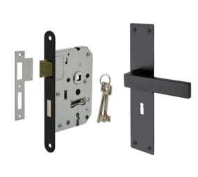 Mooi Deurbeslag Deurbeslag set Nova op schild met sleutelgat en slot Mooi Deurbeslag Deurbeslag set Nova op schild met sleutelgat en slot