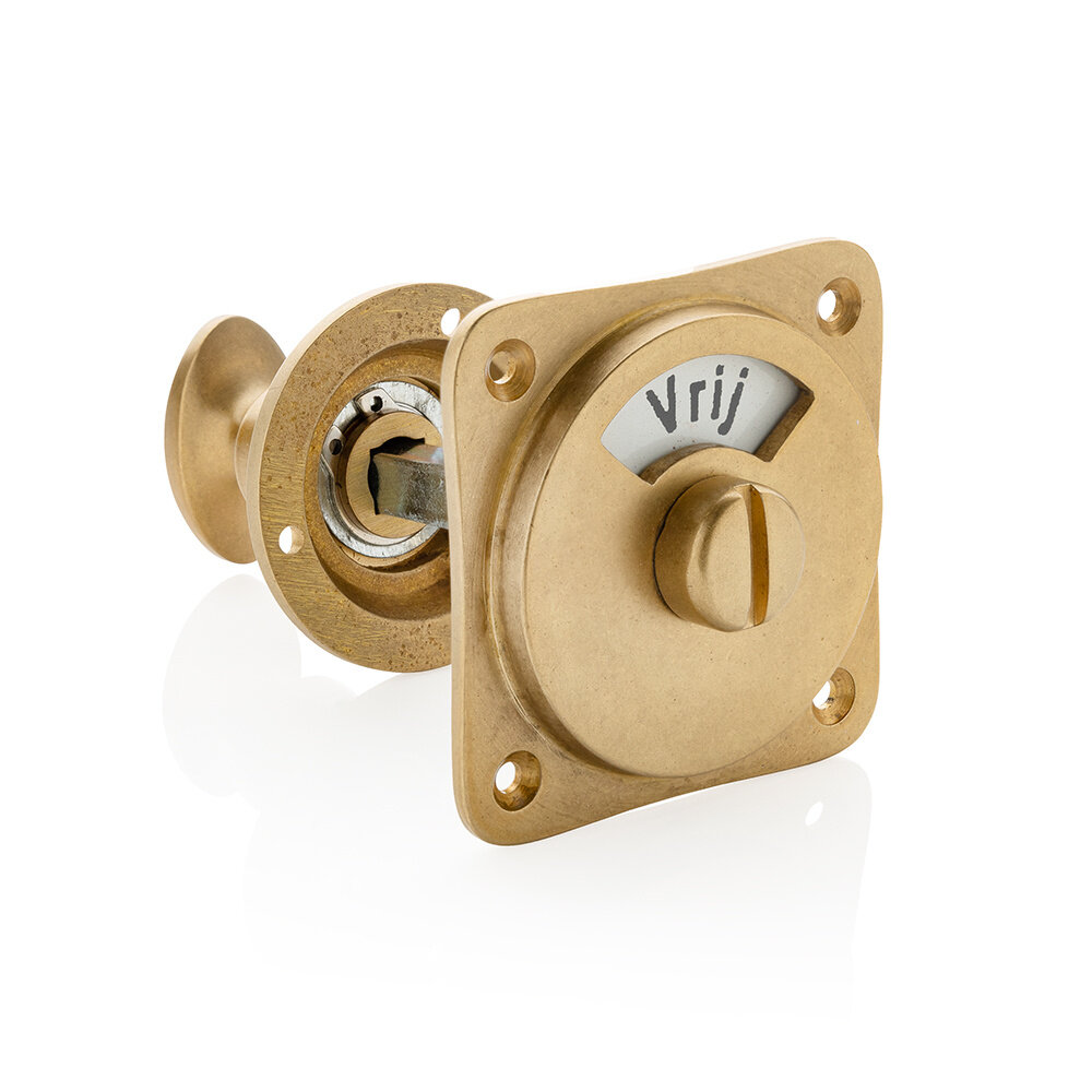 De Oude Deurklink WC slot draaiknop vrij-bezet messing getrommeld rond rozet - retro jaren 30 toilet badkamer sluiting | De Oude Deurklink De Oude Deurklink WC slot draaiknop vrij-bezet messing getrommeld rond rozet - retro jaren 30 toilet badkamer sluiting | De Oude Deurklink