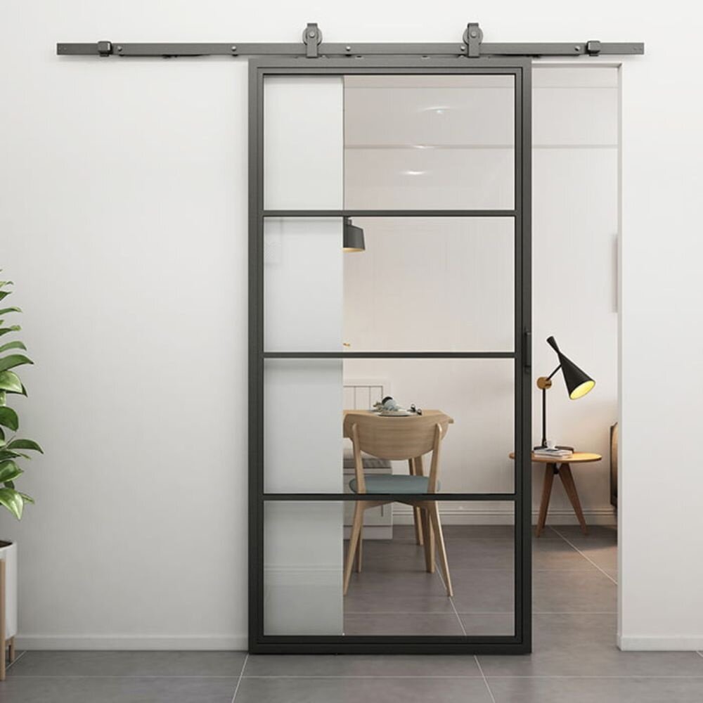 Loftdeur Stalen schuifdeur 4-vaks met helder glas Loftdeur Stalen schuifdeur 4-vaks met helder glas