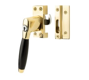 De Oude Deurklink Klassieke raamsluiting met slot, links, messing gelakt De Oude Deurklink Klassieke raamsluiting met slot, links, messing gelakt