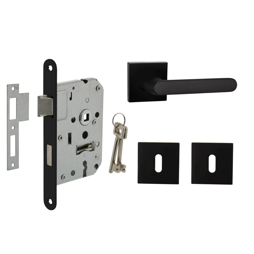Mooi Deurbeslag Deurbeslag set met sleutelrozet en deurklink Linee zwart Mooi Deurbeslag Deurbeslag set met sleutelrozet en deurklink Linee zwart