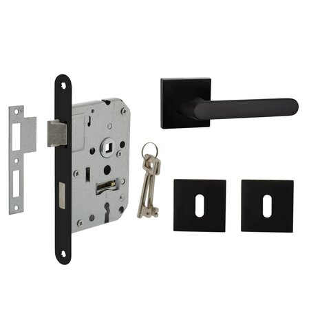 Mooi Deurbeslag Deurbeslag set met sleutelrozet en deurklink Linee zwart Mooi Deurbeslag Deurbeslag set met sleutelrozet en deurklink Linee zwart