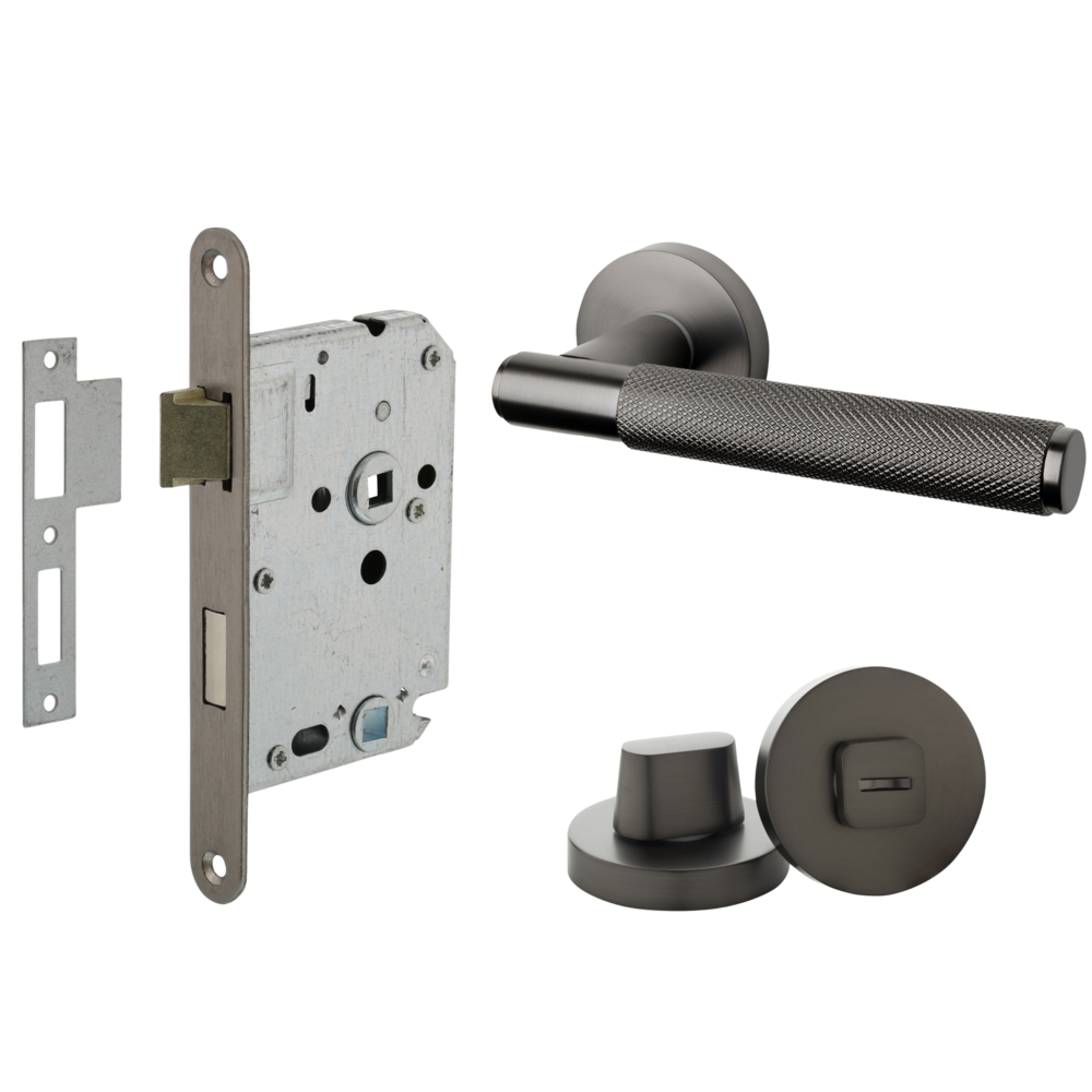 Mooi Deurbeslag Deurbeslag set met WC-slot en deurklink Luxor antraciet grijs Mooi Deurbeslag Deurbeslag set met WC-slot en deurklink Luxor antraciet grijs