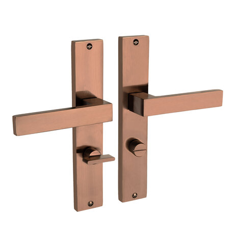 Mooi Deurbeslag Geveerde deurklink Lusso mat brons op schild met WC-slot 63/8mm - voor binnendeur Mooi Deurbeslag Geveerde deurklink Lusso mat brons op schild met WC-slot 63/8mm - voor binnendeur