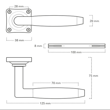 De Oude Deurklink Geveerde deurklink Ton model in messing getrommeld met vierkante rozet