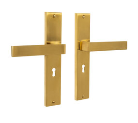 Mooi Deurbeslag Lusso geveerd op schild sleutelgat 55mm mat messing