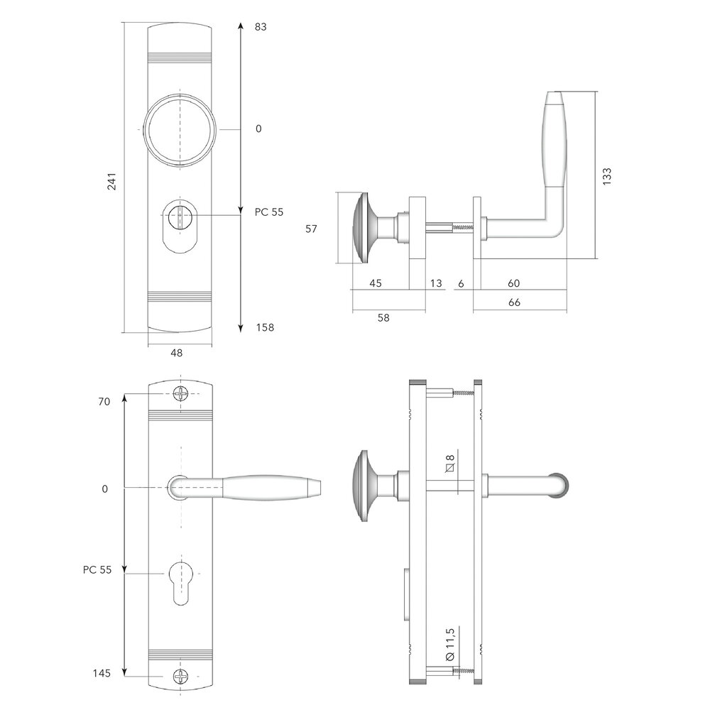 De Oude Deurklink Retro buitendeurbeslag knop/klink PC55 glanzend nikkel De Oude Deurklink Retro buitendeurbeslag knop/klink PC55 glanzend nikkel