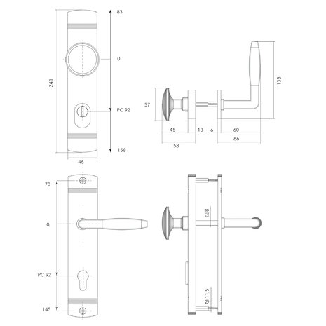 De Oude Deurklink Retro buitendeurbeslag knop/klink PC92 getrommeld messing De Oude Deurklink Retro buitendeurbeslag knop/klink PC92 getrommeld messing
