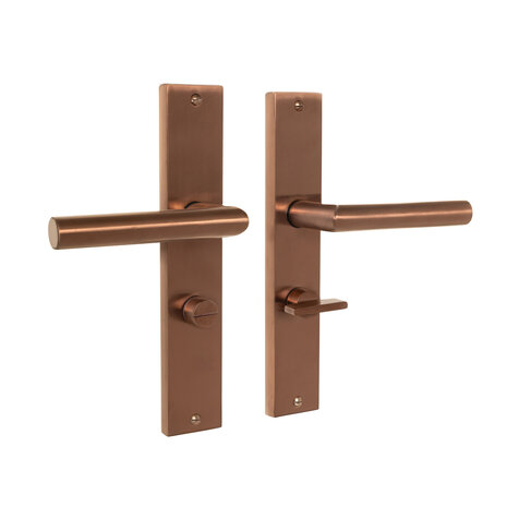 Mooi Deurbeslag Geveerde deurklink Ferro mat brons op schild met WC-slot 63/8mm - voor binnendeur Mooi Deurbeslag Geveerde deurklink Ferro mat brons op schild met WC-slot 63/8mm - voor binnendeur