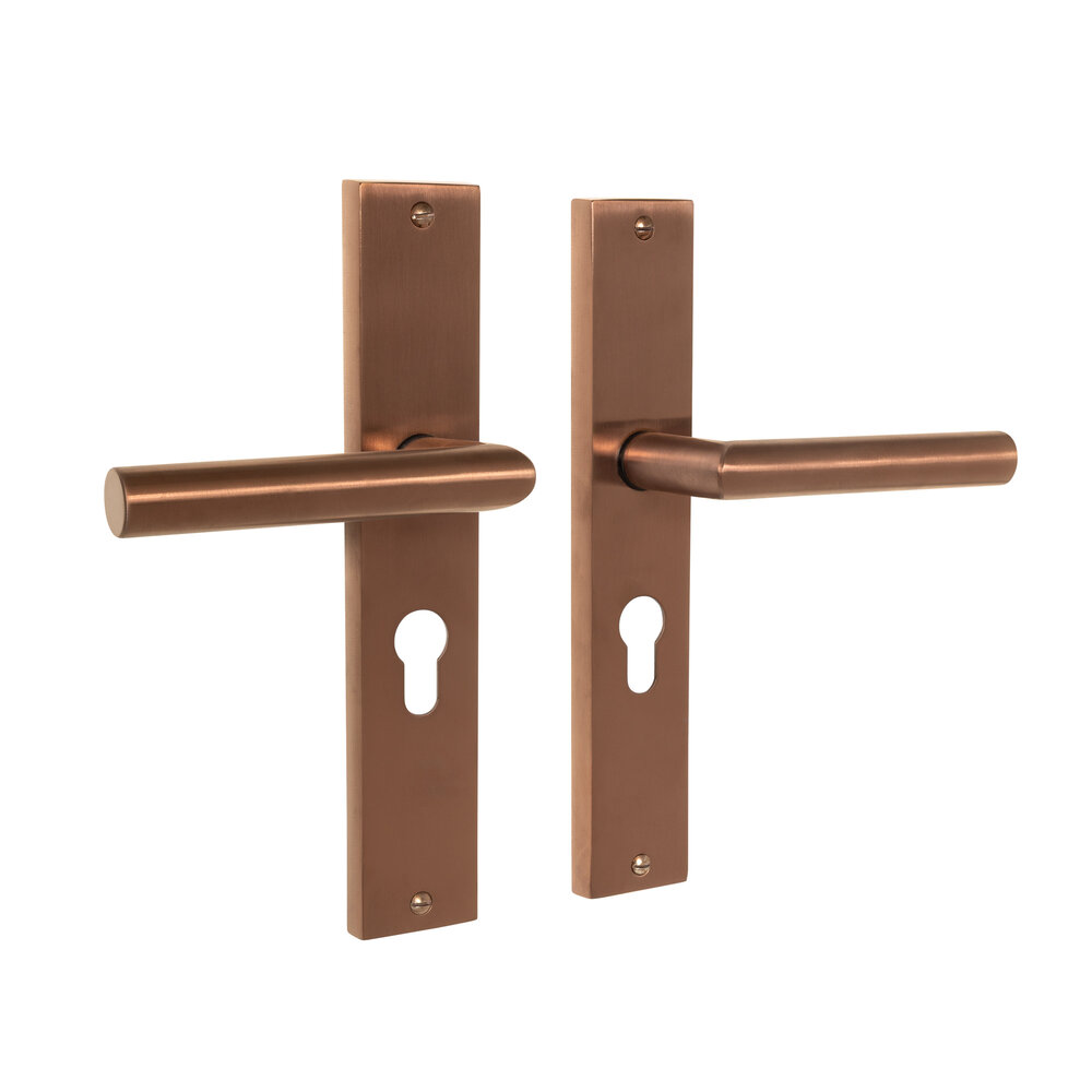 Mooi Deurbeslag Ferro geveerd op schild cilindergat 55mm mat brons