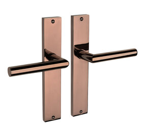 Mooi Deurbeslag Lusso geveerd op schild PVD glanzend brons