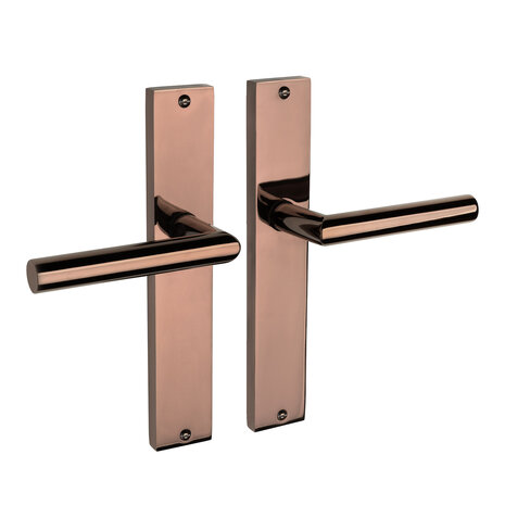 Mooi Deurbeslag Lusso geveerd op schild PVD glanzend brons