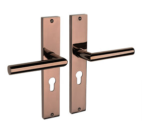 Mooi Deurbeslag Lusso geveerd op schild cilindergat 55mm PVD glanzend brons