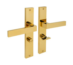 Mooi Deurbeslag Lusso geveerd op schild wc 63/8 messing PVD