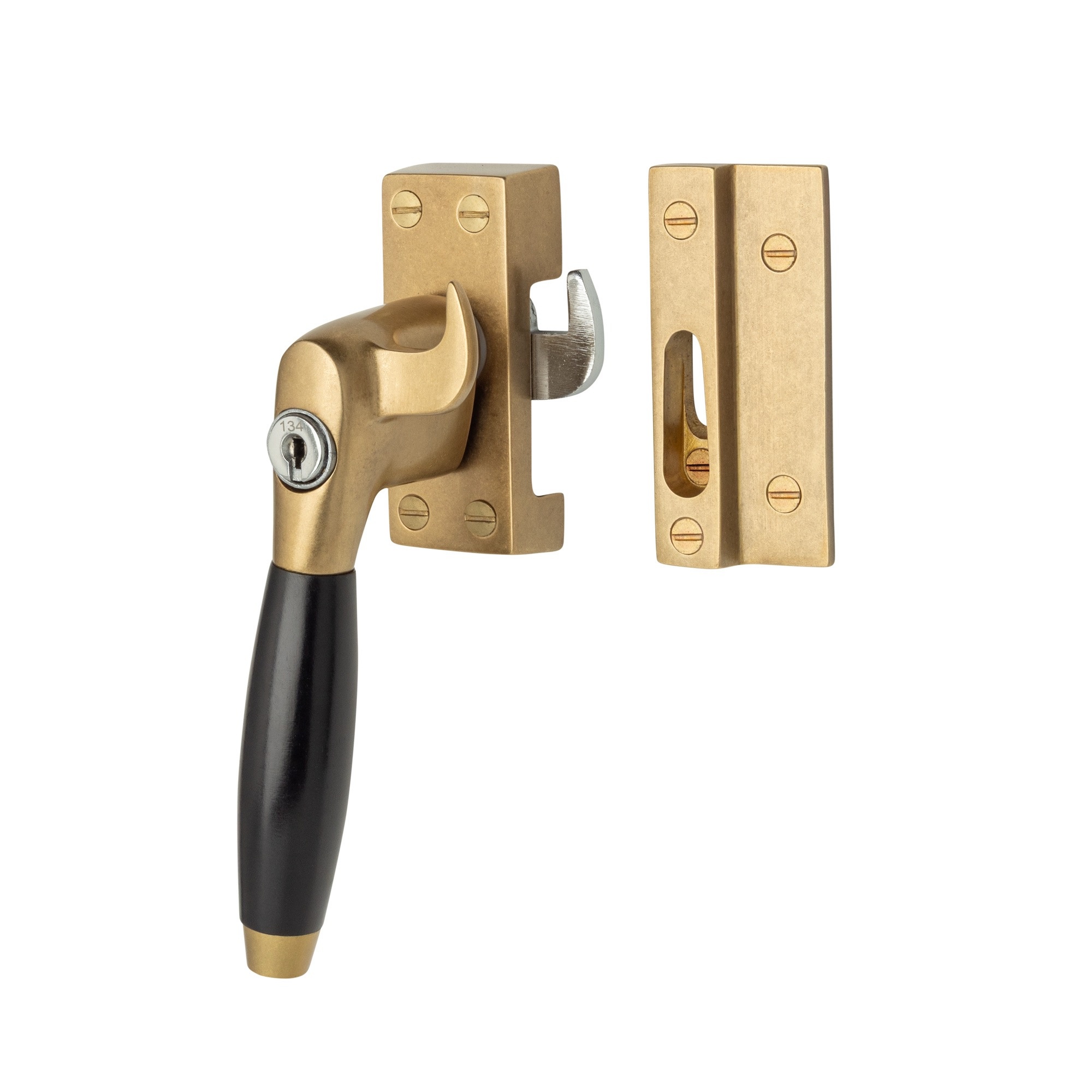 De Oude Deurklink Raamsluiting met slot en ventilatiestand links messing getrommeld