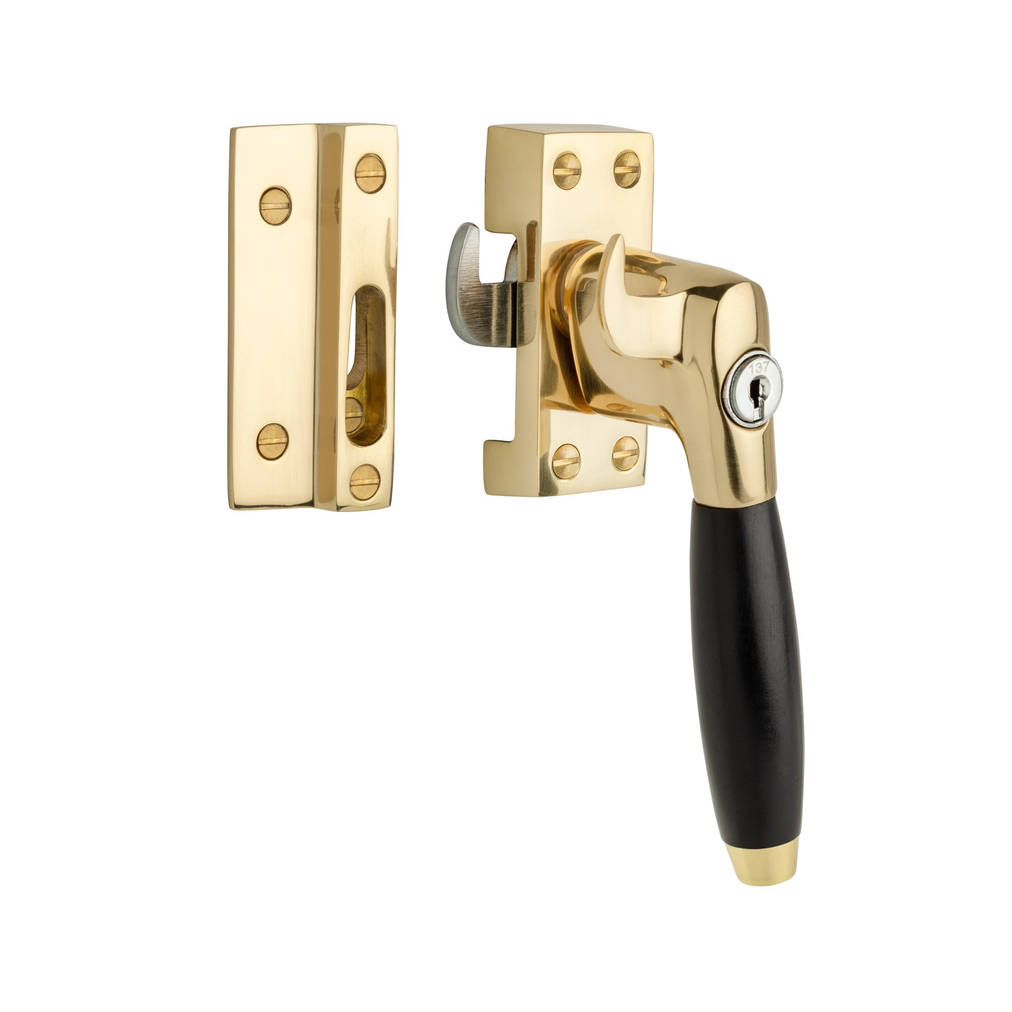 De Oude Deurklink Raamsluiting met slot en ventilatiestand rechts messing gelakt