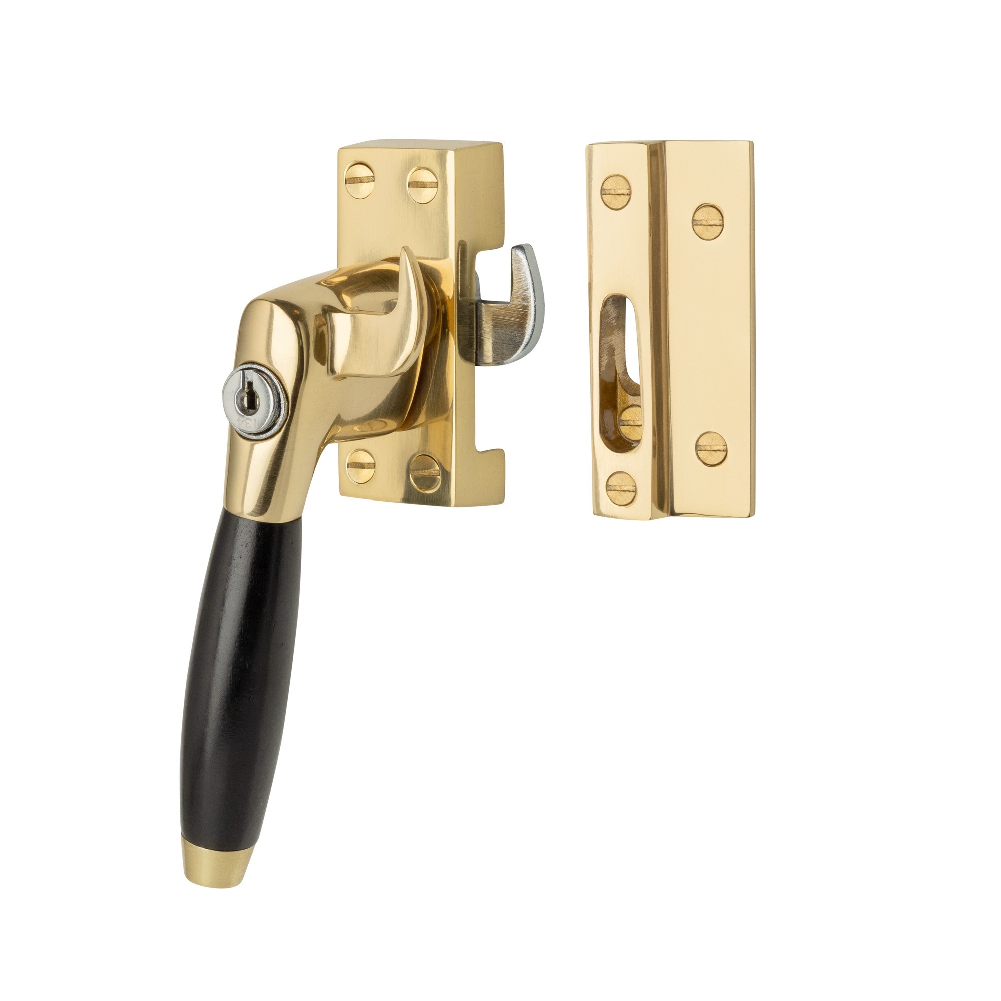 De Oude Deurklink Raamsluiting met slot en ventilatiestand links messing gelakt