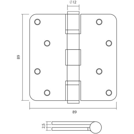 Intersteel Kogellagerscharnier RVS ronde hoeken 89x89mm PVD mat messing tot 70 kilo Intersteel Kogellagerscharnier RVS ronde hoeken 89x89mm PVD mat messing tot 70 kilo