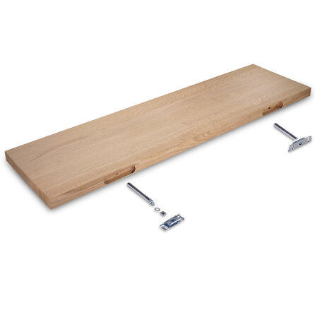Eiken wandplank zwevend - op maat - 4 cm dik - prime eikenhout (A/B) - met plankdragers - gelijmd KD 8-12% Eiken wandplank zwevend - op maat - 4 cm dik - prime eikenhout (A/B) - met plankdragers - gelijmd KD 8-12%