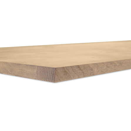 Eiken blad - gezandstraald - op maat - 2 cm dik - rustiek eikenhout (B/C) - smalle lamel (4-10 cm) - gelijmd eiken tablet - KD 8-12%