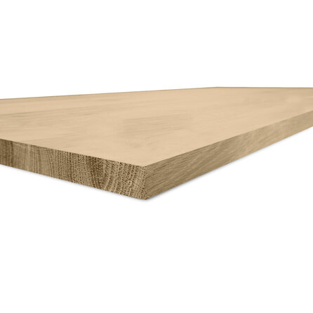 Eiken blad - fijnbezaagd - op maat - 2 cm dik - rustiek eikenhout (B/C) - smalle lamel (4-10 cm) - gelijmd eiken tablet - KD 8-12%