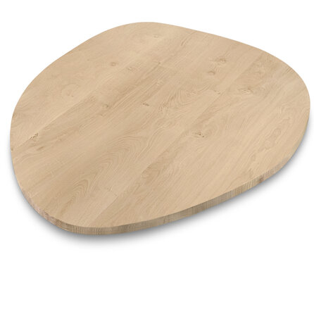 Organisch (rond) eiken tafelblad - 4 cm dik - rustiek eikenhout (B/C) - brede lamel (9-12 cm) - vaste kiezel afmetingen - gelijmd KD 8-12% Organisch (rond) eiken tafelblad - 4 cm dik - rustiek eikenhout (B/C) - brede lamel (9-12 cm) - vaste kiezel afmetingen - gelijmd KD 8-12%