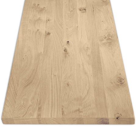 Eiken blad - gezandstraald - op maat - 4 cm dik - rustiek eikenhout (B/C) - smalle lamel (4-10 cm) - gelijmd eiken tablet - KD 8-12%