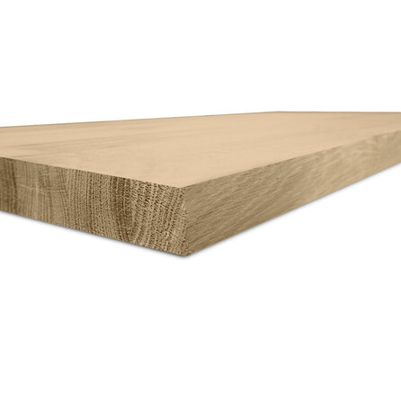 Eiken blad - fijnbezaagd - op maat - 3 cm dik - rustiek eikenhout (B/C) - smalle lamel (4-10 cm) - gelijmd eiken tablet - KD 8-12%
