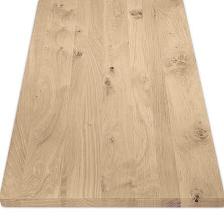 Eiken blad - gezandstraald - op maat - 3 cm dik - rustiek eikenhout (B/C) - smalle lamel (4-10 cm) - gelijmd eiken tablet - KD 8-12%