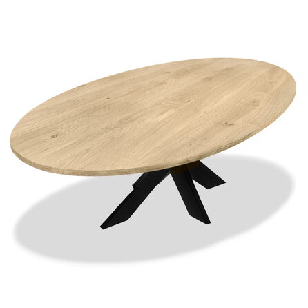Ovaal eiken tafelblad - 4 cm dik - rustiek eikenhout (B/C) - brede lamel (9-12 cm) - vaste ellips afmetingen - gelijmd KD 8-12%