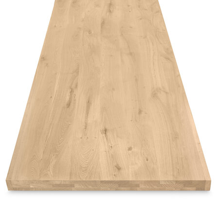 Eiken tafelblad - 3-laags (hol) - op maat - 6 cm dik - rustiek eikenhout (B/C) - smalle lamel (4-10 cm) - gelijmd KD 8-12%