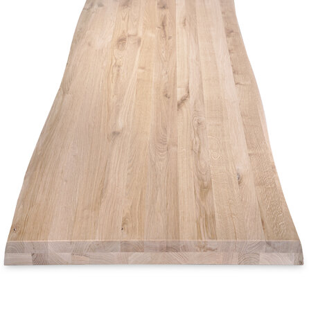 Eiken CNC boomstam tafelblad - op maat - 2-laags massief - 8 cm dik - rustiek eikenhout (B/C) - smalle lamel (4-10 cm) - gelijmd KD 8-12%