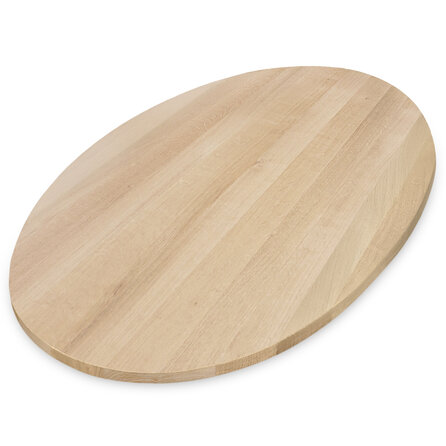 Ovaal eiken tafelblad - 3 cm dik - prime eikenhout (A/B) - smalle lamel (4-10 cm) - vaste ellips afmetingen - gelijmd KD 8-12%