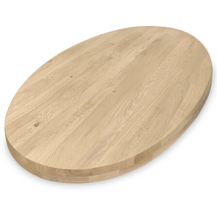 Ovaal eiken tafelblad - 2-laags massief - 8 cm dik - rustiek eikenhout (B/C) - smalle lamel (4-10 cm) - vaste ellips afmetingen - gelijmd KD 8-12%