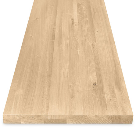 Eiken tafelblad - 2-laags massief - op maat - 6 cm dik - rustiek eikenhout (B/C) - smalle lamel (4-10 cm) - gelijmd KD 8-12%