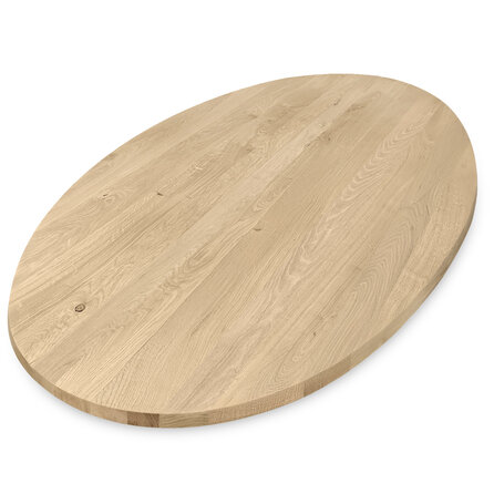 Ovaal eiken tafelblad - 3 cm dik - rustiek eikenhout (B/C) - smalle lamel (4-10 cm) - vaste ellips afmetingen - gelijmd KD 8-12%