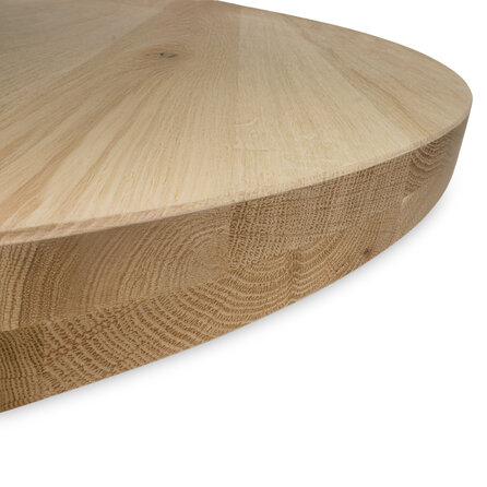 Rond eiken tafelblad - op maat - 2-laags massief - 6 cm dik - rustiek eikenhout (B/C) - smalle lamel (4-10 cm) - gelijmd KD 8-12%