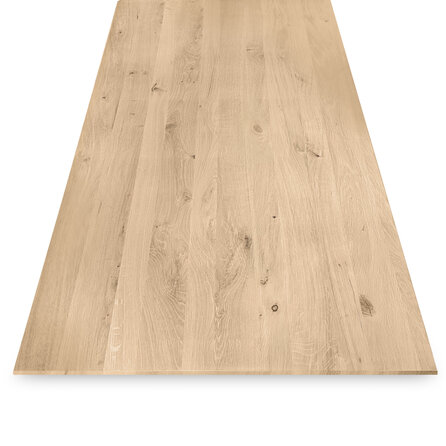 Eiken tafelblad met verjongde rand - 4 cm dik - rustiek eikenhout (B/C) - medium lamel (6-12 cm) - vaste afmetingen - gelijmd KD 8-12%
