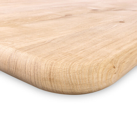 Eiken tafelblad met ronde hoeken en bolle rand - 4 cm dik - rustiek eikenhout (B/C) - medium lamel (6-12 cm) - vaste afmetingen - gelijmd KD 8-12%