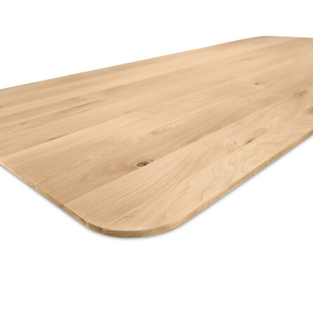 Eiken tafelblad met ronde hoeken en verjongde rand - 3 cm dik - rustiek eikenhout (B/C) - medium lamel (6-12 cm) - vaste afmetingen - gelijmd KD 8-12%