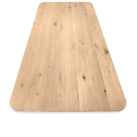 Eiken tafelblad met ronde hoeken en verjongde rand - 3 cm dik - rustiek eikenhout (B/C) - medium lamel (6-12 cm) - vaste afmetingen - gelijmd KD 8-12%